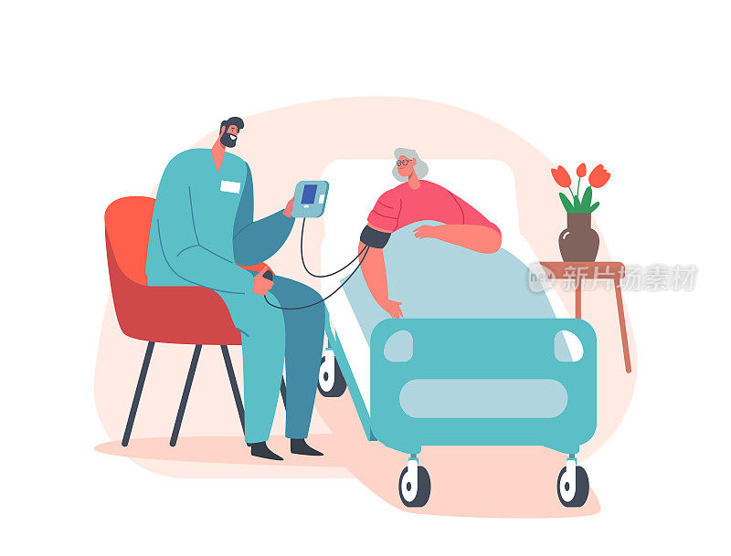 友善的医生或护士为躺在病床上的老妇人、住院的老年病人测量血压