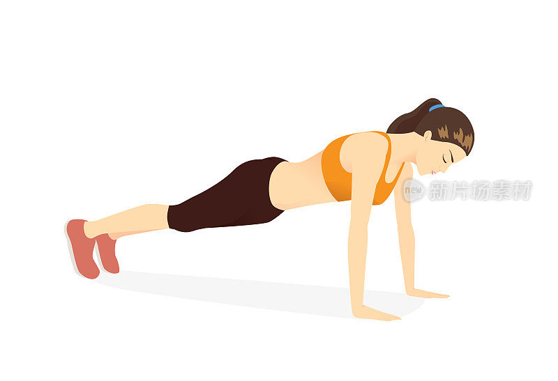 女人用平板支撑运动塑造完美身材。关于腹肌锻炼的插图。