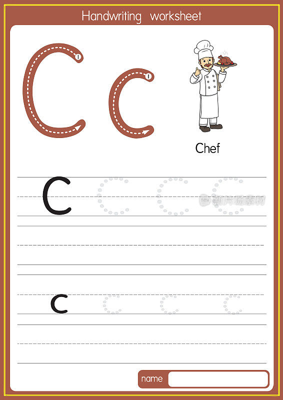 矢量插图厨师与字母C大写字母或大写字母的儿童学习练习ABC