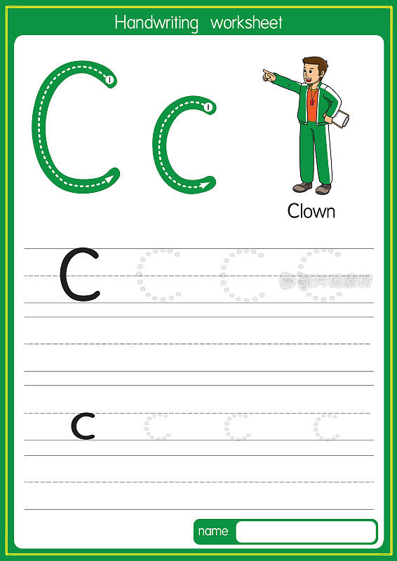 矢量说明教练与字母C大写字母或大写字母的儿童学习练习ABC