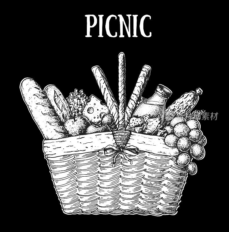 野餐篮子草图。手绘矢量插图。夏季在户外食品。野餐篮子里有面包，葡萄，苹果，奶酪，西红柿，意大利腊肠。食物和饮料插图。