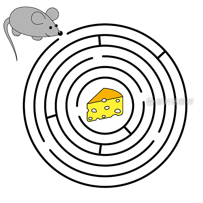老鼠和奶酪的迷宫难题。矢量圆的迷宫。找到正确的道路。对儿童拼图。