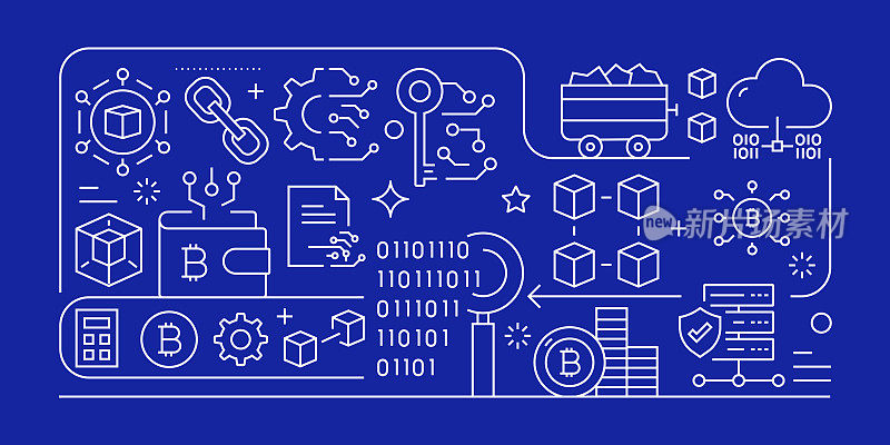 区块链相关的矢量旗帜设计概念，现代线条风格与图标