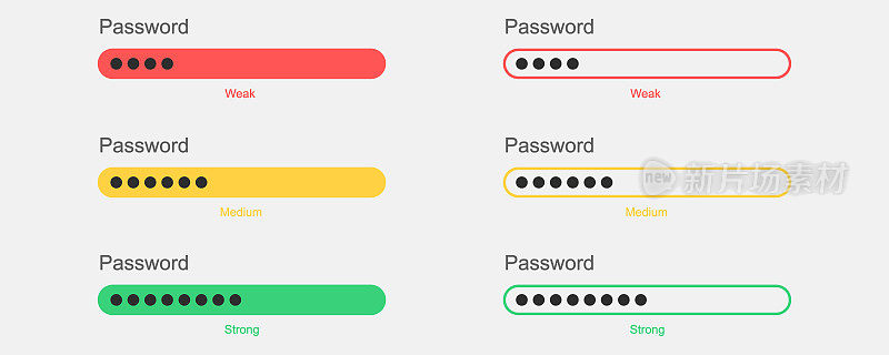 模板密码:弱，中等，强。数字安全概念。用户数据保护。