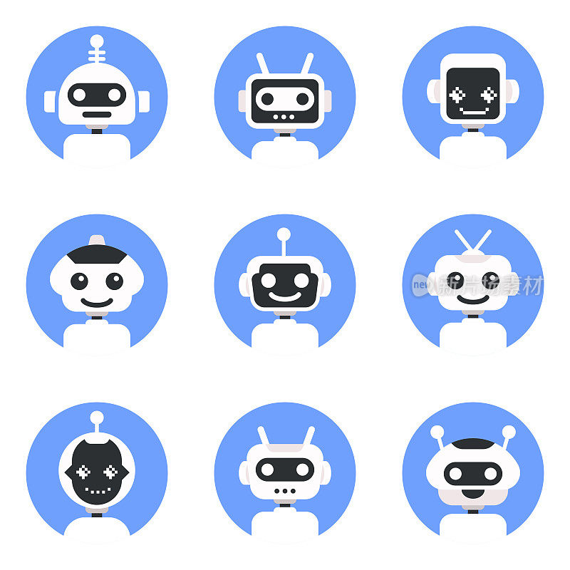 聊天机器人符号，标志模板。机器人图标集。机器人标志设计。现代矢量平面风格的卡通人物插图。