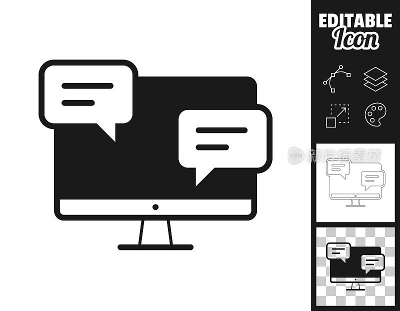 带有聊天气泡的桌面计算机。图标设计。轻松地编辑