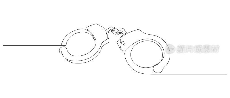 在一个连续的线描手铐。象征警察正义和监狱囚犯的概念，以简单的线性风格。真实犯罪的横幅与可编辑的笔画。画矢量图