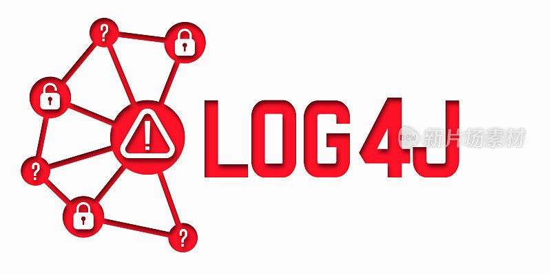Log4J红色警告符号的概念。Log4Shell安全漏洞。数据中心网络感染概念。