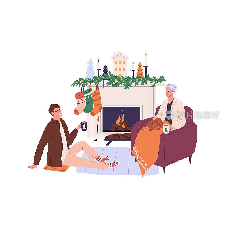 圣诞节的壁炉旁，奶奶和男人快乐。成年的儿子和年长的母亲，奶奶在圣诞节的壁炉在家里的冬季假期。平面矢量插图孤立在白色背景上
