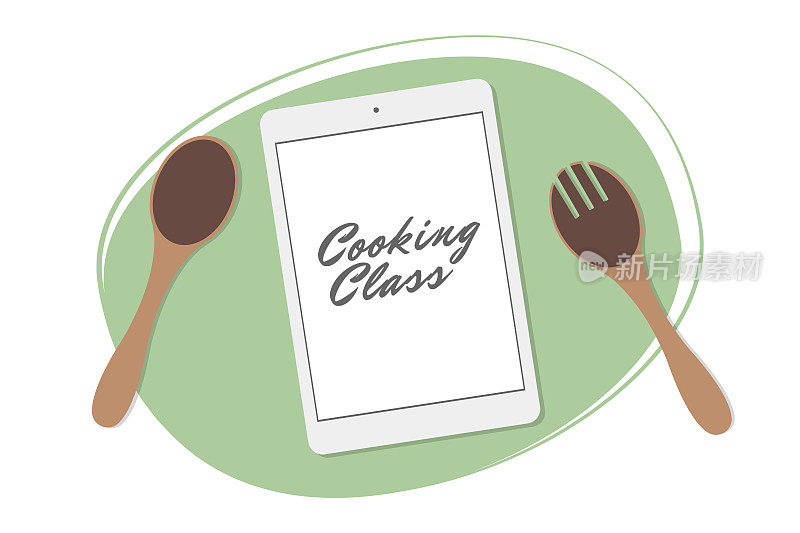 烹饪课。平面设计网页横幅模板平板和木制勺子。烹饪大师班。在线直播烹饪过程。现代概念的网站或信息图表。