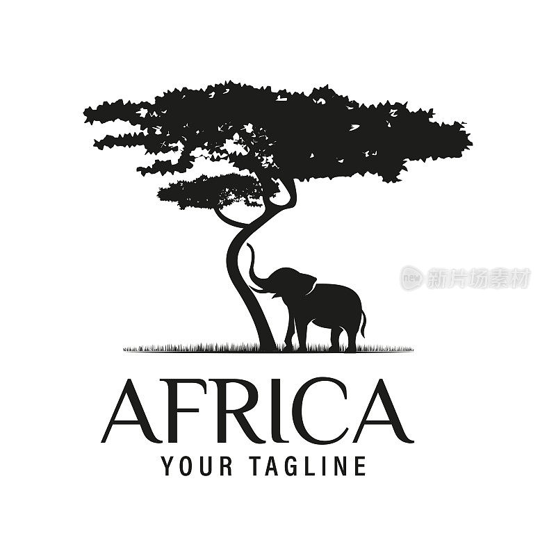非洲金合欢树与非洲大象剪影为狩猎冒险矢量
