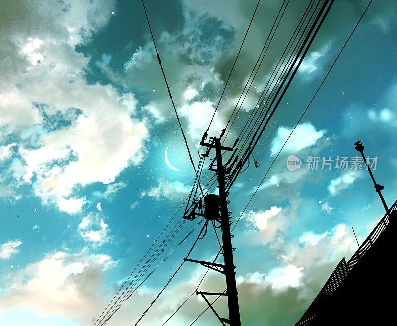 单色剪影背景插图云，新月和电线杆在傍晚的天空