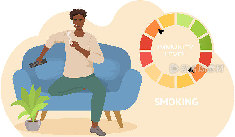 拿着电视遥控器的非洲人正在抽烟。免疫水平因生活方式而降低