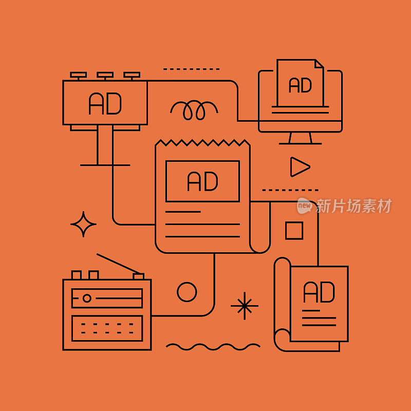 广告和媒体相关矢量横幅设计概念，现代线风格与图标