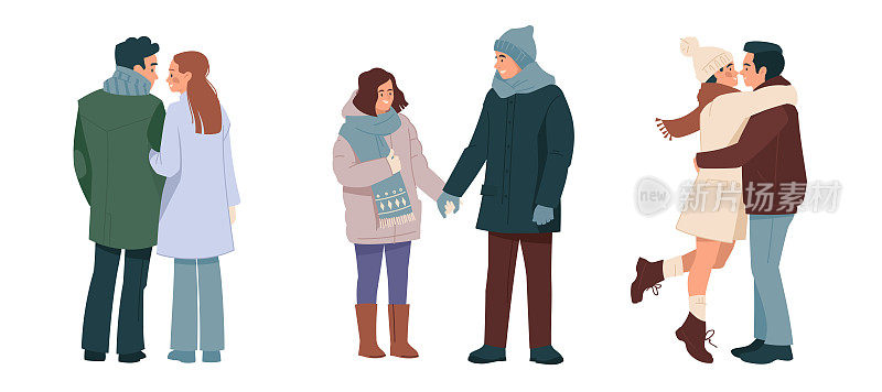 拥抱穿着冬装的情侣。一男一女相爱，一家人幸福散步。冬天的浪漫。平的。