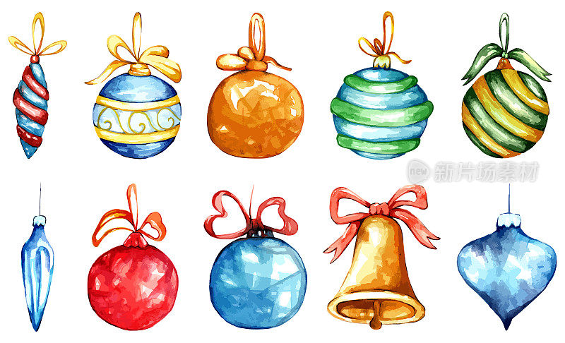 水彩手绘圣诞树玩具球套装。矢量插画水彩和纸质感的2023年的节日装饰和装饰