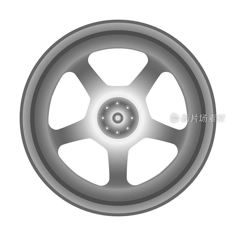 车轮，盘侧观。卡通矢量插图的橡胶轮胎与胎面图案，车轮边缘为汽车隔离在白色