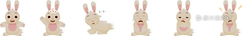 一组兔子的矢量插图，兔子。情感:微笑、问候、哭泣、受伤、睡觉、无聊、生病。卡通兔子。