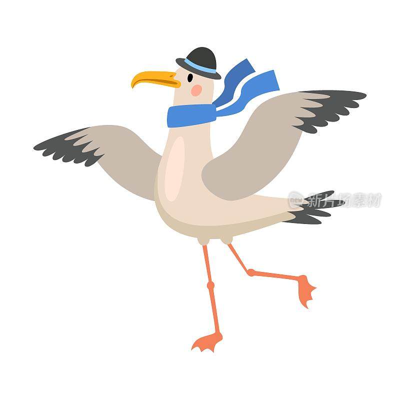 海鸥船长卡通插画。有趣的鸟，戴着帽子，嘴里叼着鱼，在白色的背景上飞翔