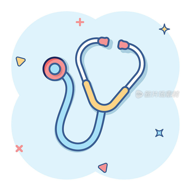 听诊器图标在漫画风格。心脏诊断卡通矢量插图在孤立的背景。药溅效果标牌经营理念。