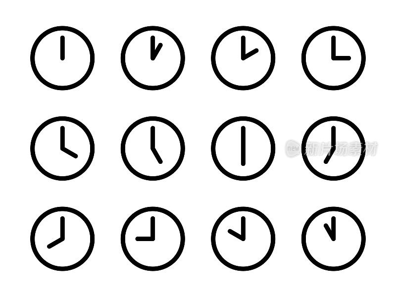 世界时间时钟图标设置。12个钟显示时间从1小时到12小时不等