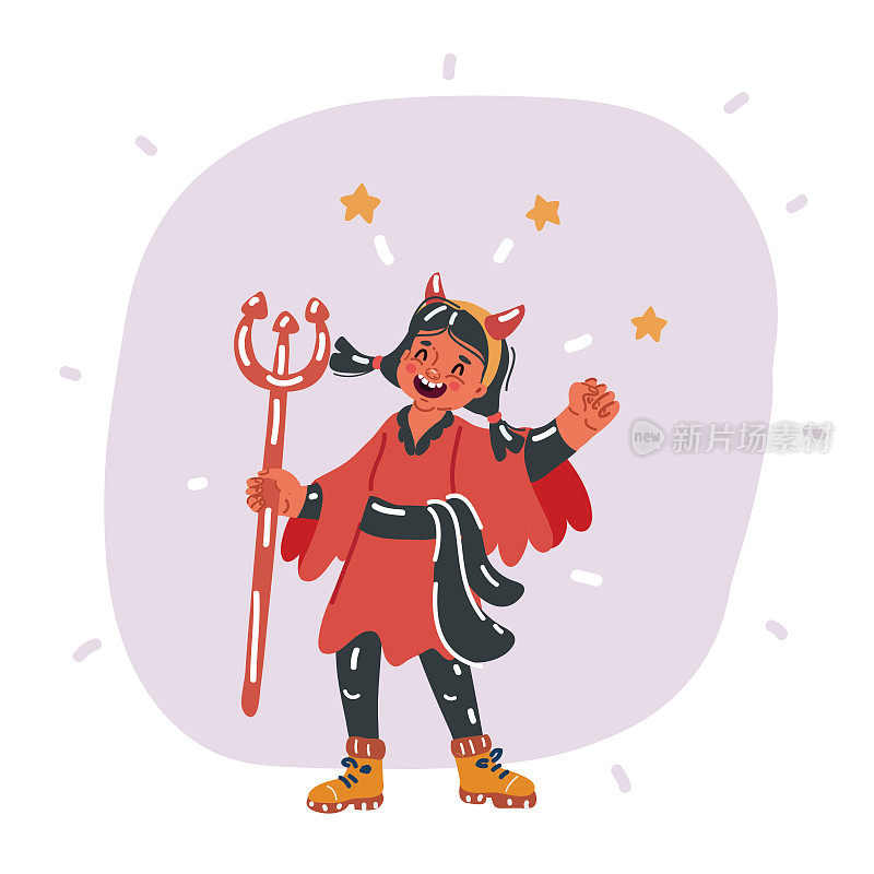 矢量插图快乐可爱的小女孩庆祝万圣节穿红色魔鬼怪物服装