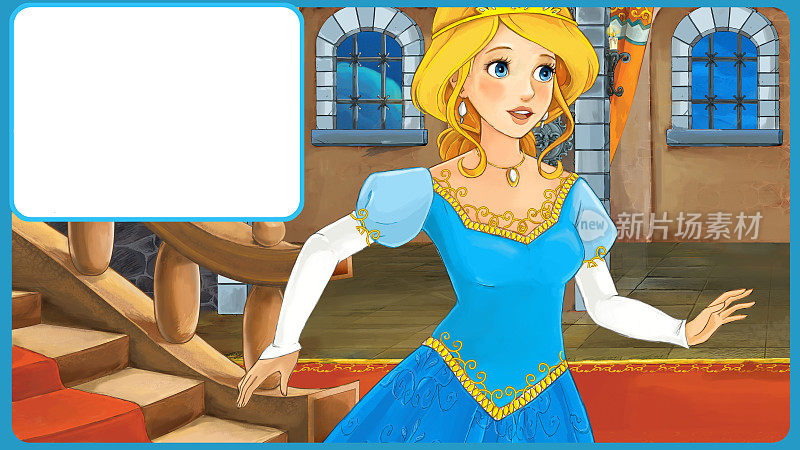 卡通童话场景与公主与框架文本插图的儿童