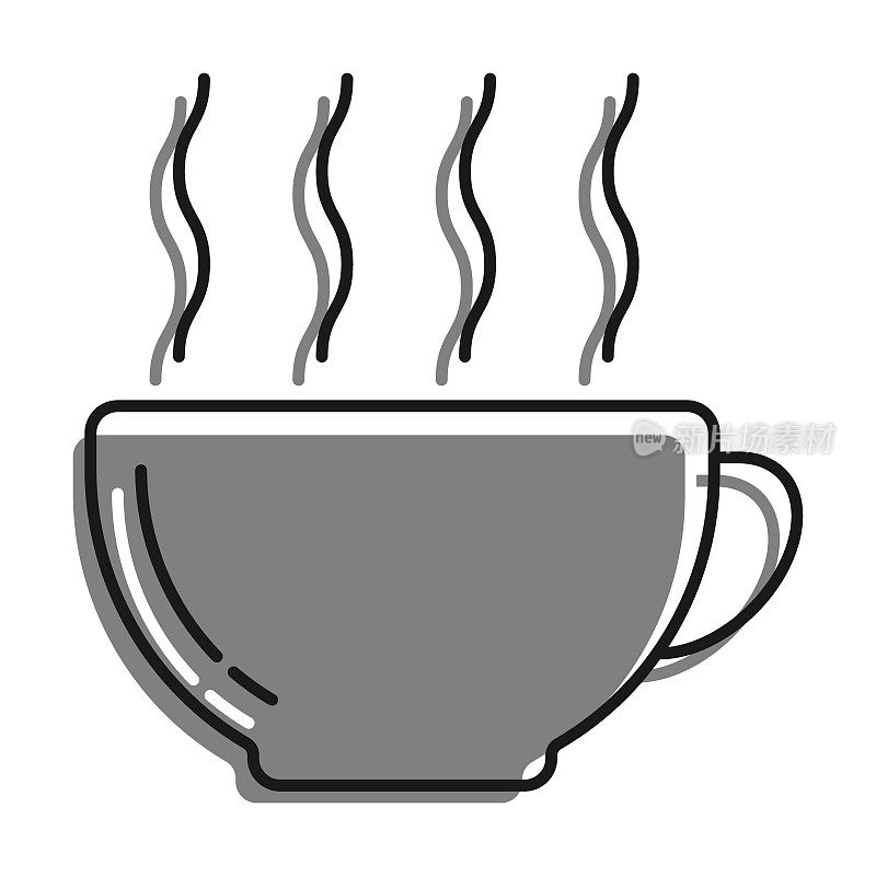 线性填充灰色彩色图标。带有热饮和蒸汽的咖啡杯。早晨提神茶，好心情。简单的黑白矢量隔离在白色背景上