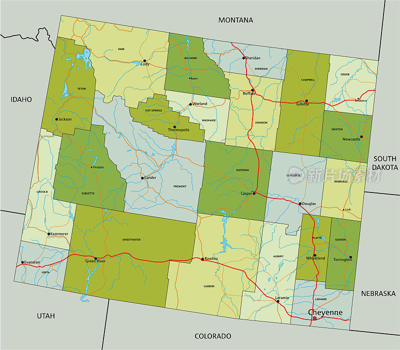 高度详细的可编辑的政治地图与分离的层。怀俄明。