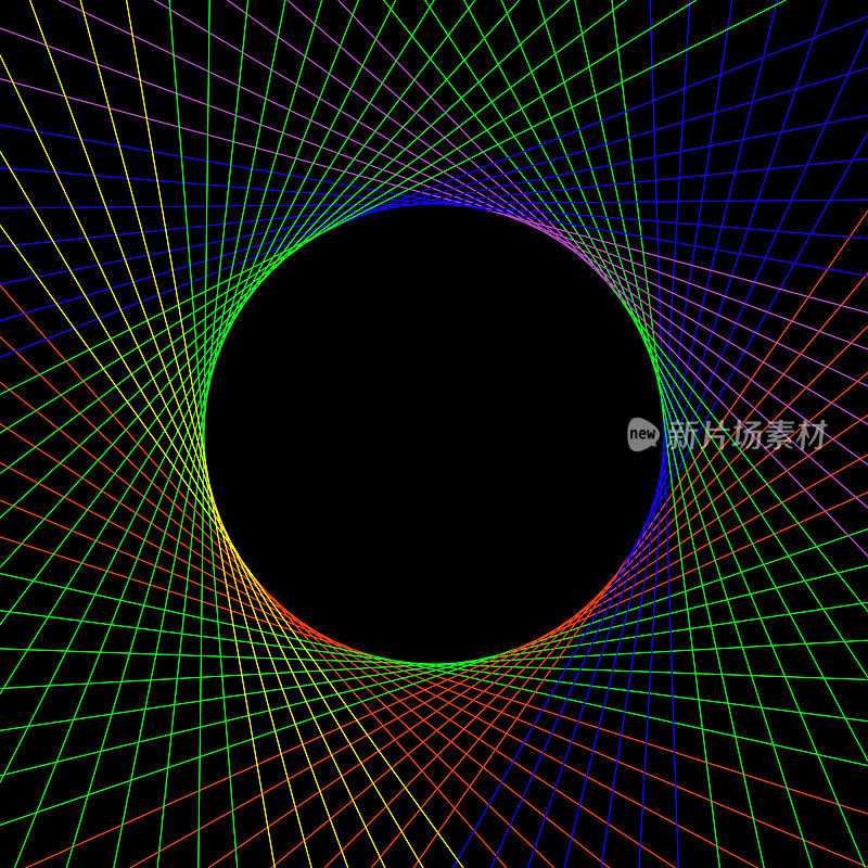 抽象彩色线条旋转触摸黑色球体，复制中间空间。