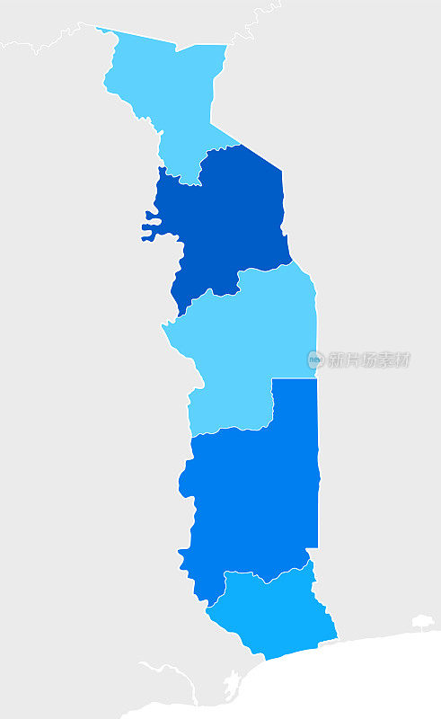 高度详细的多哥蓝色地图与地区和国家边界