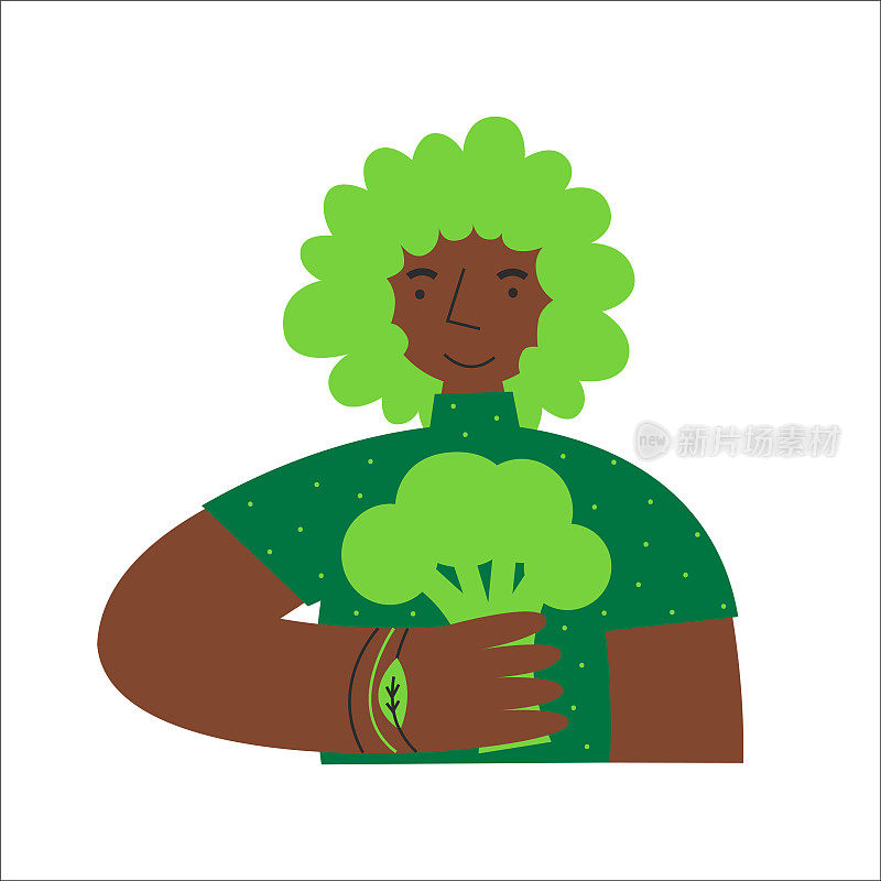 身着绿色卷发的黑人妇女手持花椰菜。素食和植物性健康饮食概念。可持续弹性素食食品。动物蛋白和乳制品替代品。