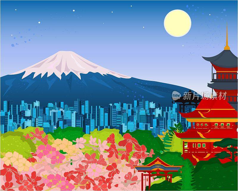 矢量海报与日本富士山的观点。日本繁体字。城市的观点。