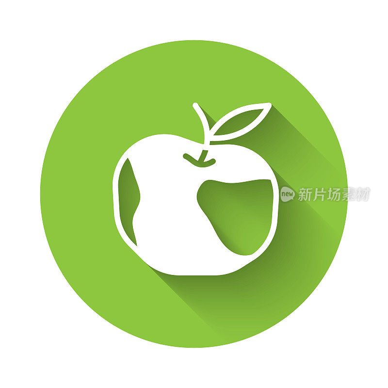 白色的苹果图标孤立着长长的影子。多余的体重。健康饮食菜单。健身减肥苹果。绿色圆圈按钮。向量