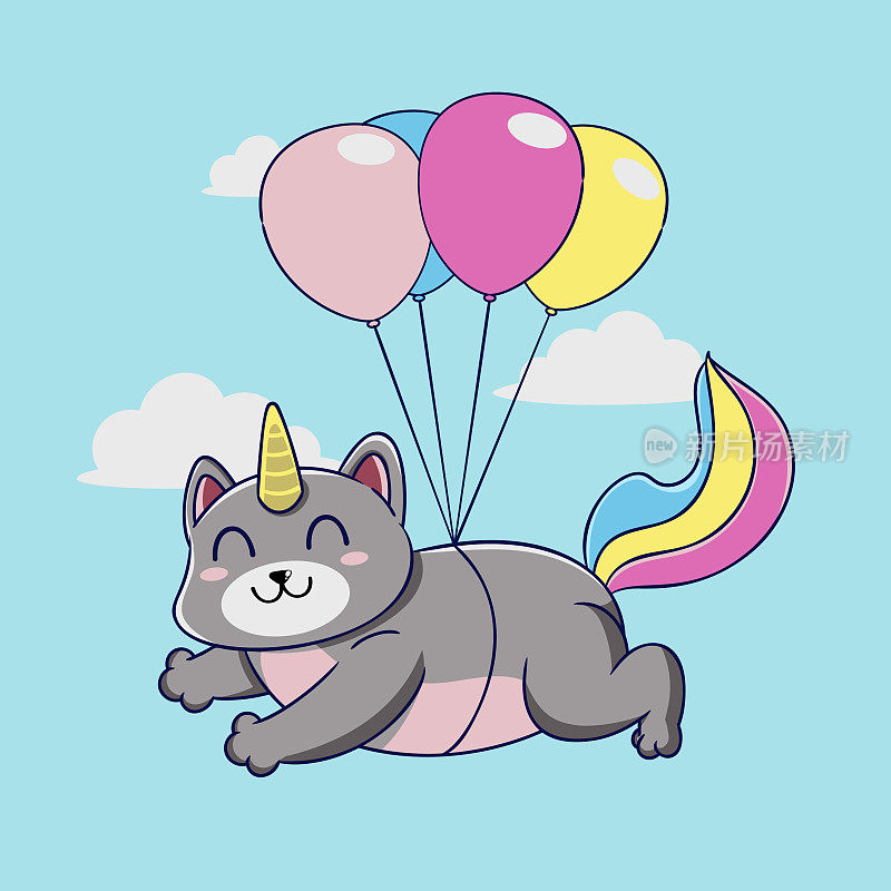 可爱的猫独角兽气球氦气在天空矢量插图设计