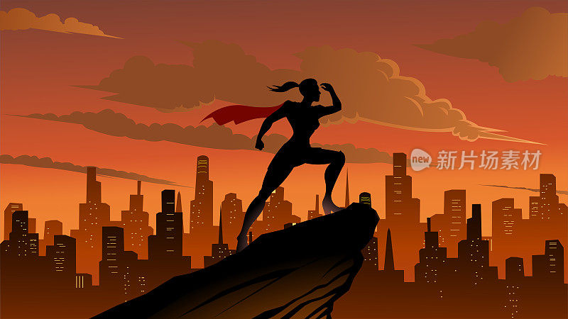 矢量女超级英雄看着远处的轮廓在一个城市股票插图