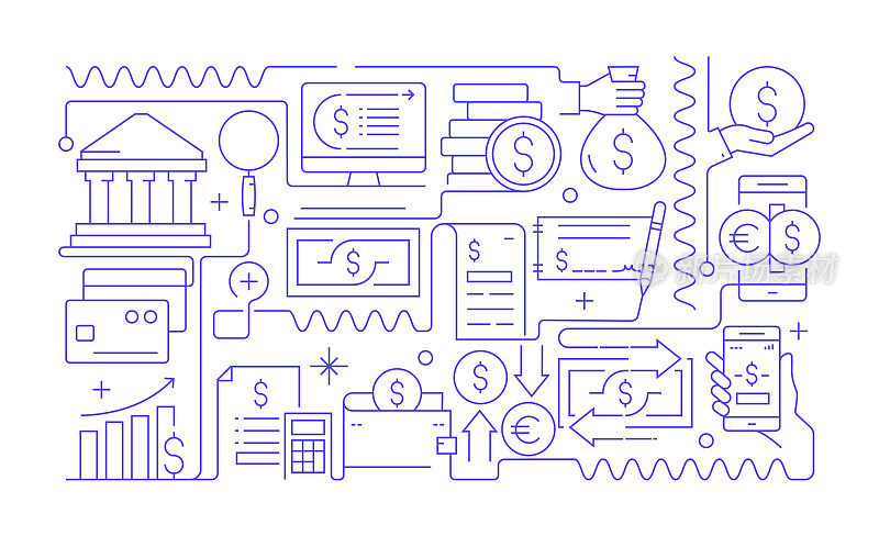 金钱相关的横幅设计。银行，贷款，货币，储蓄，税收，投资。