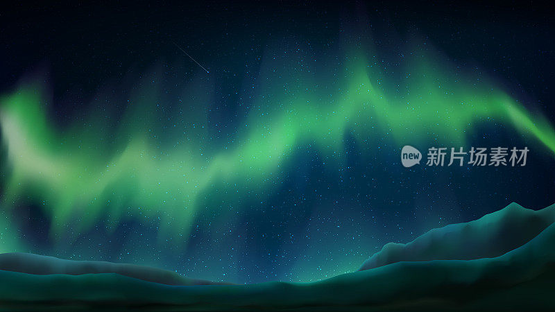 北极光。极光北方。令人惊叹的绿色北极光在深蓝色星空的背景。山脉、岩石、星星、北极光。晚上,风景。矢量图