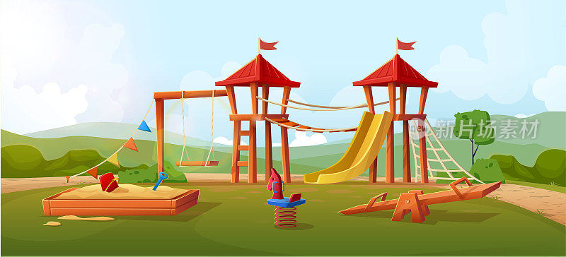 有秋千、滑梯和沙坑的儿童户外游乐场风格插图。