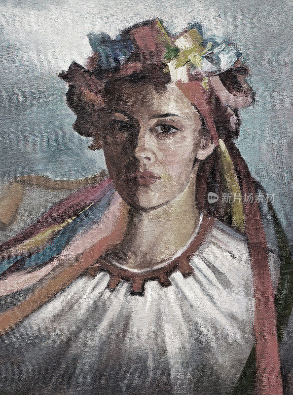 插图艺术作品油画一个乌克兰女孩穿着民族服装的肖像