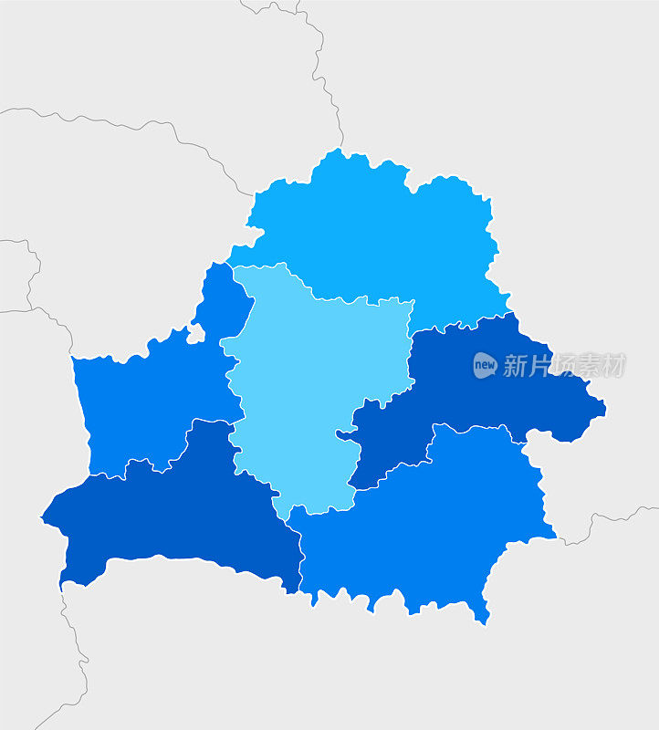 高详细的白俄罗斯蓝色地图与地区和国家边界的俄罗斯，立陶宛，拉脱维亚，爱沙尼亚，波兰，乌克兰