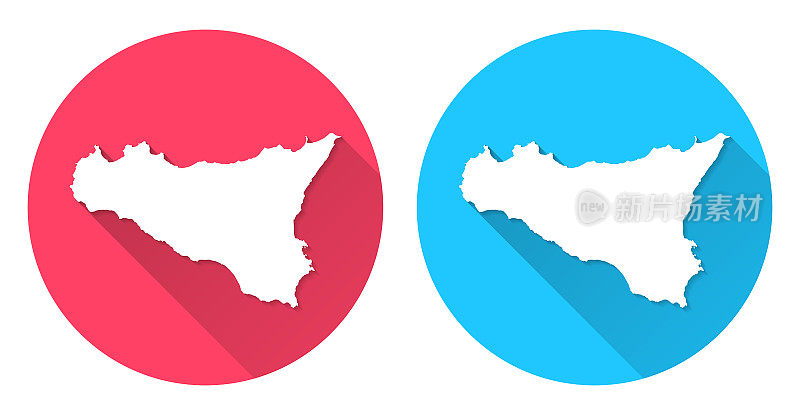 西西里的地图。圆形图标与长阴影在红色或蓝色的背景