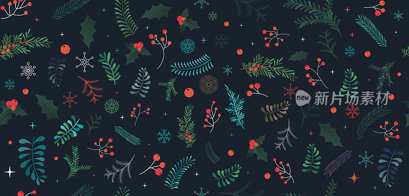 冬天的背景与浆果枝。圣诞插图。