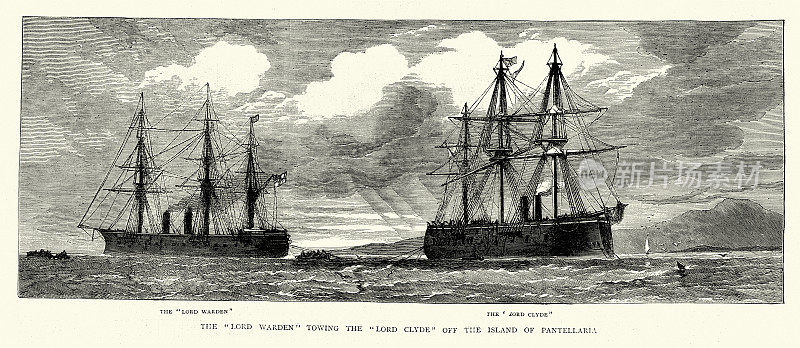 19世纪70年代，英国皇家海军“典狱长勋爵”号拖着英国皇家海军“克莱德勋爵”号驶离潘泰拉里亚岛