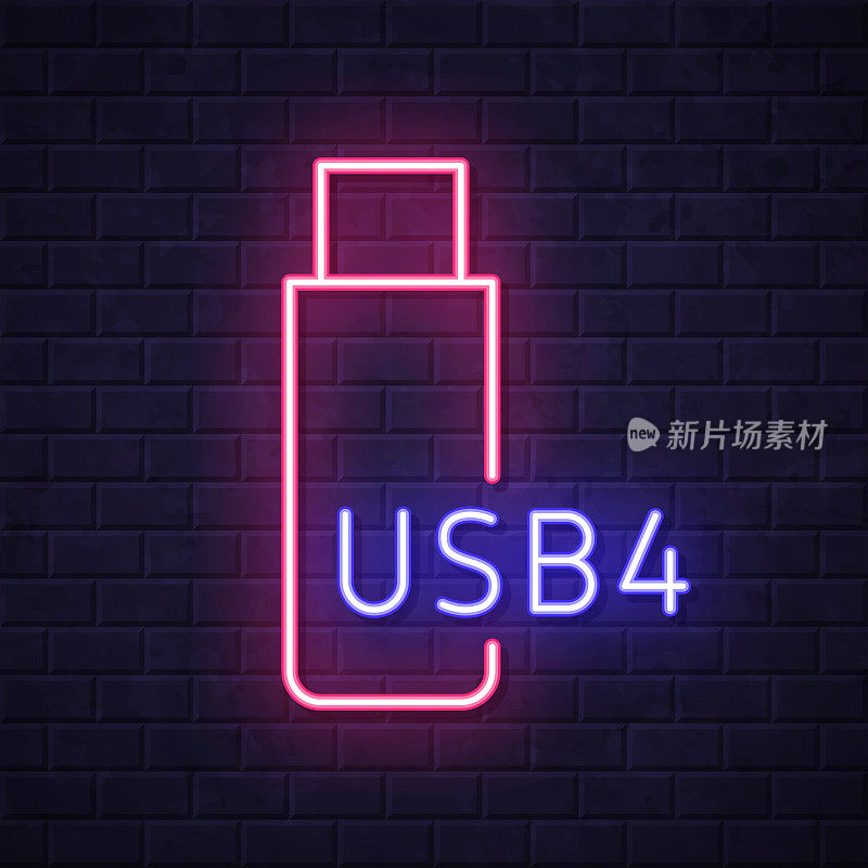 usb闪存盘。在砖墙背景上发光的霓虹灯图标