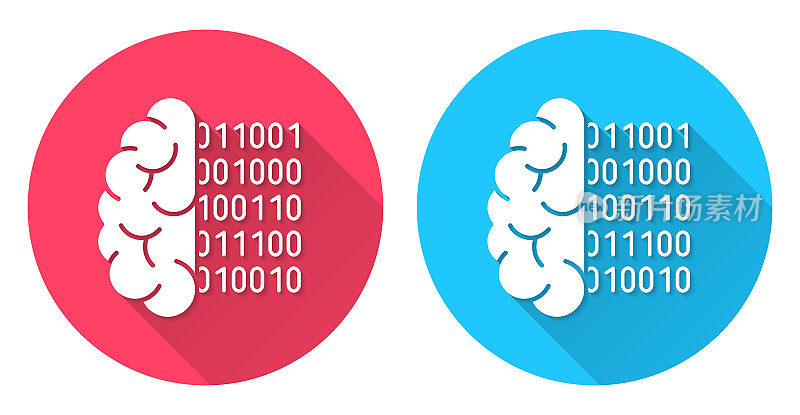 大脑用二进制编码。圆形图标与长阴影在红色或蓝色的背景