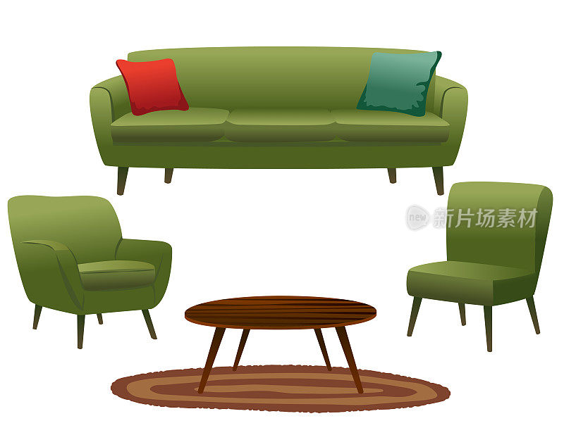 一套客厅家具:沙发、椅子和茶几