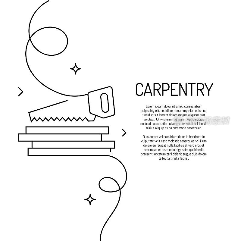 连续线条绘制的木工图标。手绘符号矢量插图。