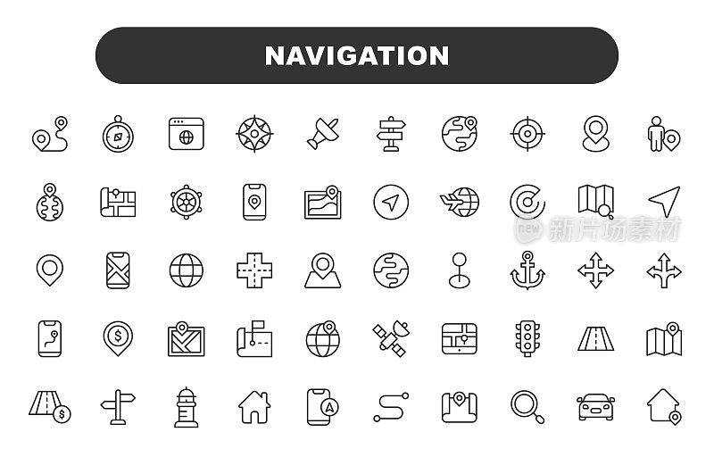 导航线图标。可编辑的中风。包含这样的图标，如位置，指南针，雷达，方向，目的地，地图，地球，飞机，道路。