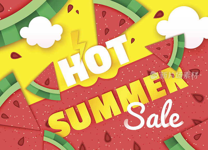 黄色背景上有西瓜片的炎热夏季销售横幅